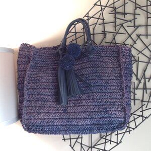 Loeffler Randall Blue Purple Ombre Straw Travel Tote Bag w/ Tassels